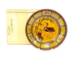 山口義博造　釉彩　竹に双鶴文　飾皿
